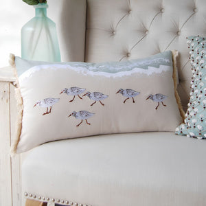 Sandpiper Sprint Embroidered Throw Pillow Styled On Coastal Chair With Sea Green And White Decor, Beach House Living Room And Coastal Interiors