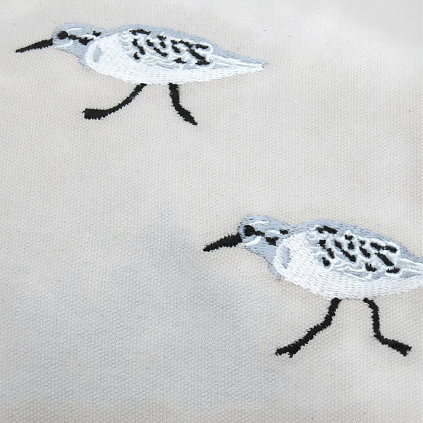Closeup Of Embroidered Sandpipers On Natural Cotton Placemat, Coastal Table Linens, Beach House Tables And Coastal Dining