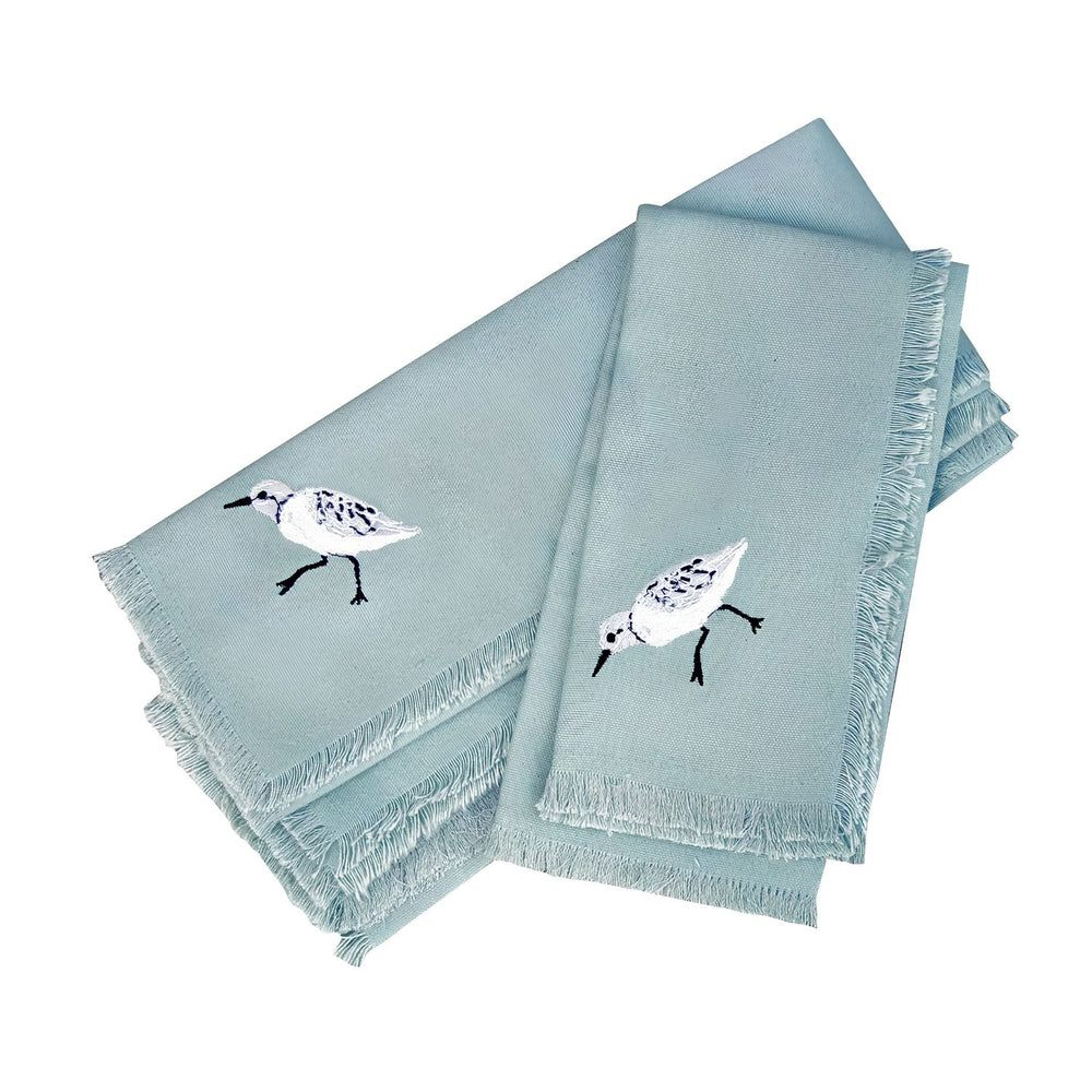 Sea Green Sandpiper Embroidered Cloth Napkin With Fringe, Coastal Table Linens, Beach House Tables And Seaside Entertaining