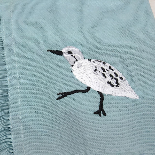 Closeup Of Embroidered Sandpiper On Sea Green Cotton Napkin, Coastal Dining, Beach House Decor And Coastal Table Linens
