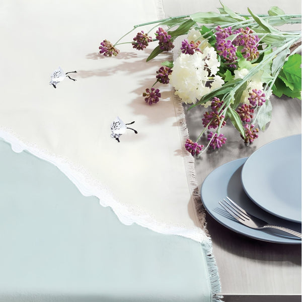 Sand And Sea Green Sandpiper Table Runner With Embroidered Shorebirds And Fringe, Coastal Table Settings And Beach House Decor