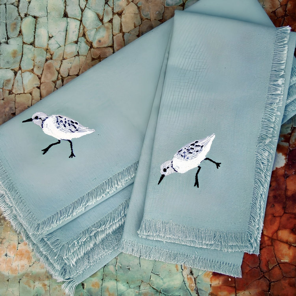 Sea Green Sandpiper Embroidered Cloth Napkin With Fringe, Coastal Table Linens, Beach House Tables And Seaside Entertaining