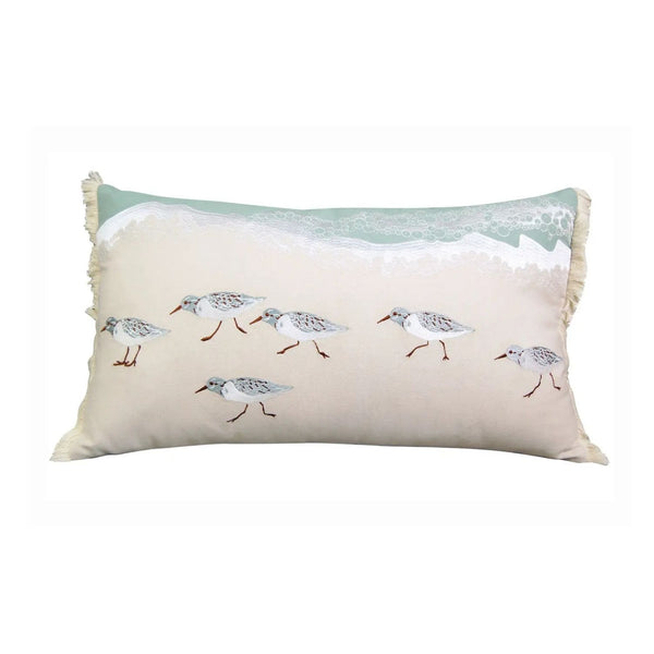 Sandpiper Sprint Indoor Throw Pillow With Embroidered Shorebirds, Sea Green Wave Detail And Fringe, Coastal Home Decor And Beach House Pillows