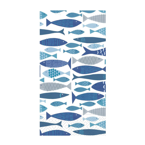 School of Fish Paper Guest Towels Pack of 16 with Blue Fish Pattern, Soft 3 Ply Guest Napkins for Coastal Bathroom and Nautical Home Decor