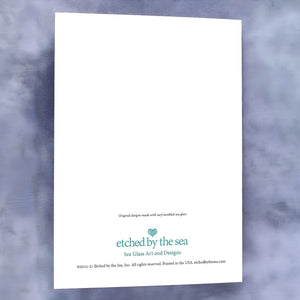 Sea Glass Christmas Tree Card Back With Etched By The Sea Logo And Surf-Tumbled Beach Glass Design