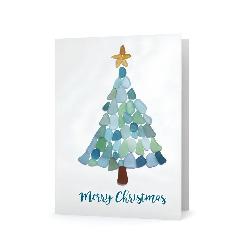 Sea Glass Christmas Tree Holiday Card With Merry Christmas Message And Coastal Beach Glass Mosaic Design