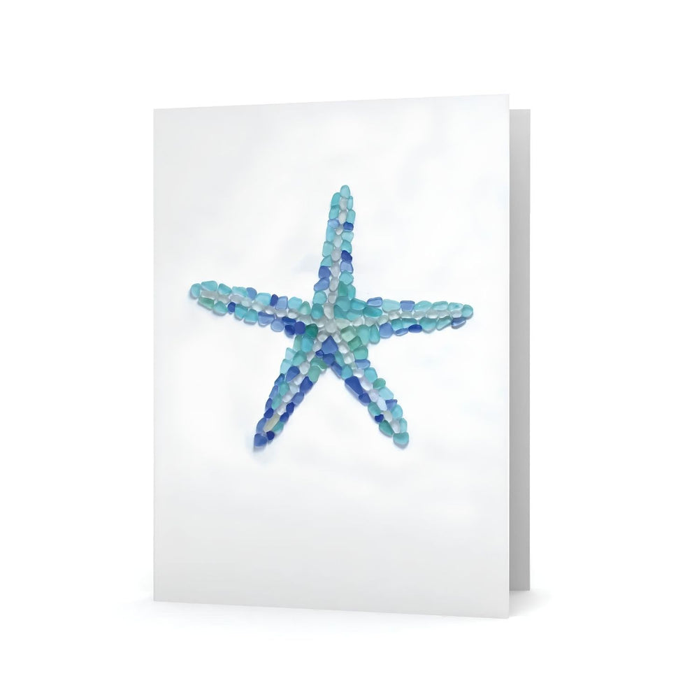 Sea Glass Starfish Greeting Card With Blue And Aqua Beach Glass Mosaic Design On White Cardstock