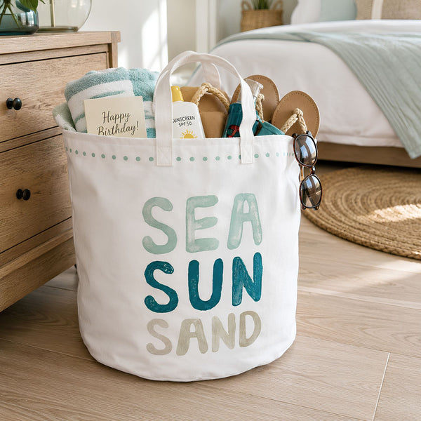 Sea Sun Sand Large Canvas Tote Bag Filled With Beach Towels, Sunscreen, Flip-Flops, and Sunglasses, Beach Bags and Accessories