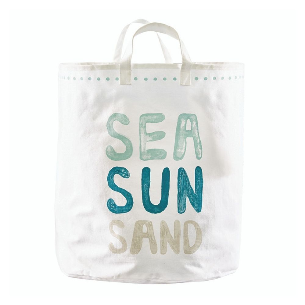 Sea Sun Sand Large White Canvas Tote Bag With Aqua, Teal, and Sand Lettering, Coastal Beach Bags