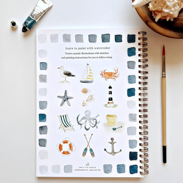 Seaside Watercolor Workbook Showing Twelve Coastal Watercolor Illustrations, Beach-Inspired Gifts