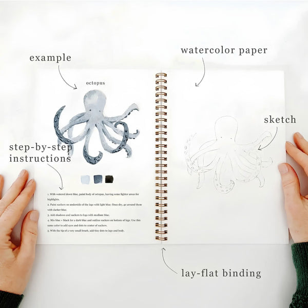 Seaside Watercolor Workbook Open to Octopus Painting with Sketch and Watercolor Paper, Nautical Gifts