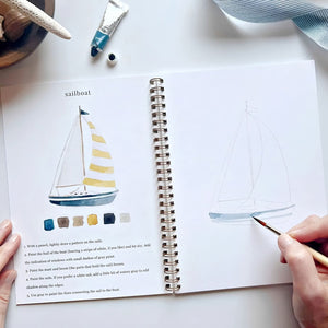 Seaside Watercolor Workbook Open to Sailboat Painting Tutorial with Step-by-Step Instructions, Watercolor Practice Book, Nautical Gifts