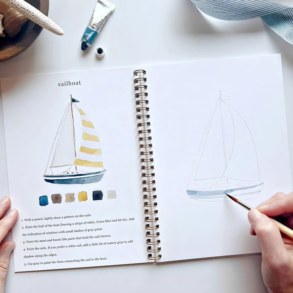Seaside Watercolor Workbook Open to Sailboat Painting Tutorial with Step-by-Step Instructions, Watercolor Practice Book, Nautical Gifts