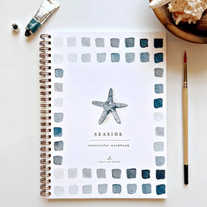 Seaside Watercolor Workbook Cover with Starfish Design and Coastal Blue Watercolor Swatches, Coastal Gifts