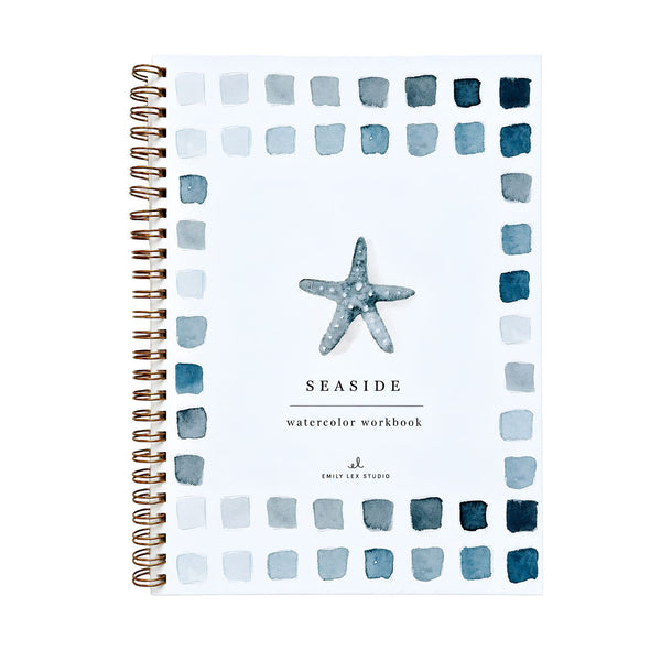 Seaside Watercolor Workbook with Starfish Cover and Blue Watercolor Swatches, Coastal Art