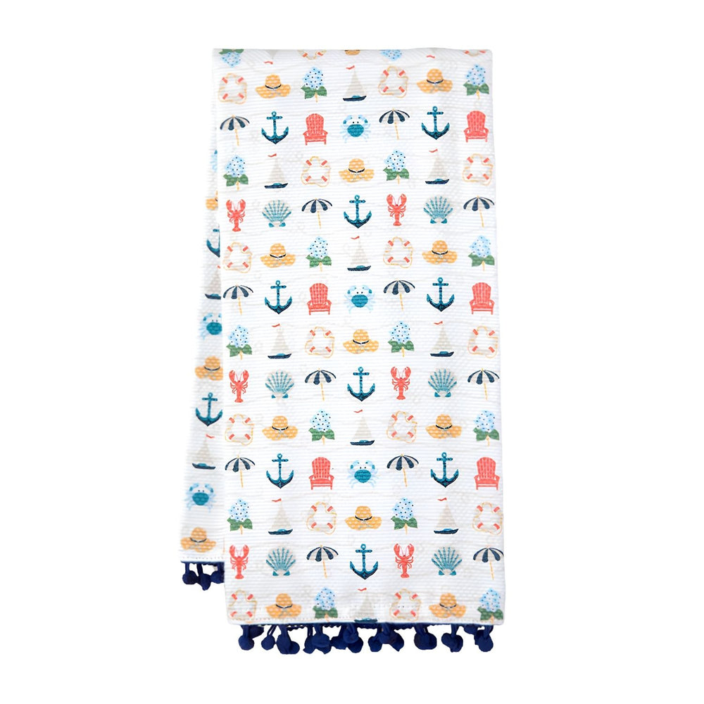 Shoreline Cotton Tea Towel Featuring Anchors Sailboats Hydrangeas Lobsters Seashells Beach Umbrellas And Coastal Nautical Print With Blue Pom Trim