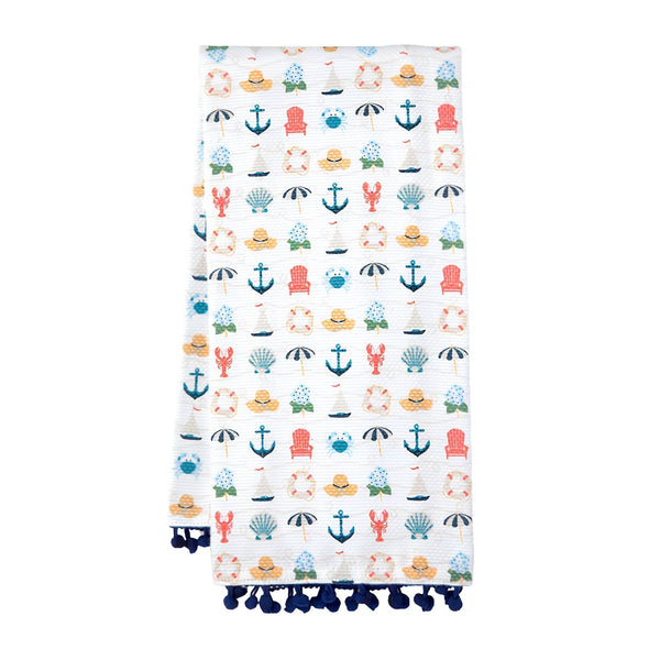 Shoreline Cotton Tea Towel Featuring Anchors Sailboats Hydrangeas Lobsters Seashells Beach Umbrellas And Coastal Nautical Print With Blue Pom Trim