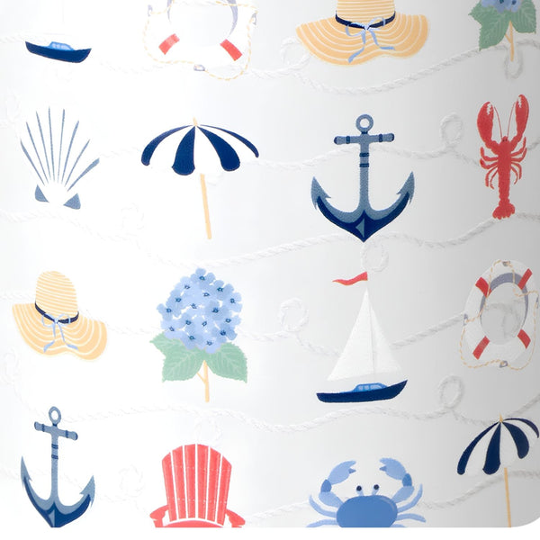 Close-Up Of Shoreline Coastal Print Featuring Anchors Sailboats Hydrangeas Lobsters Beach Umbrellas Lifebuoys And Rope Pattern