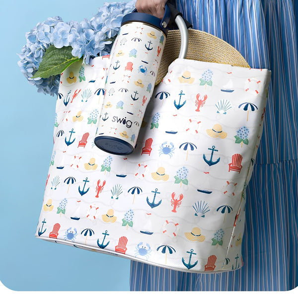 Shoreline Leakproof Travel Tumbler 30 Oz Insulated Stainless Steel Drinkware With Coastal Tote Bag And Hydrangeas
