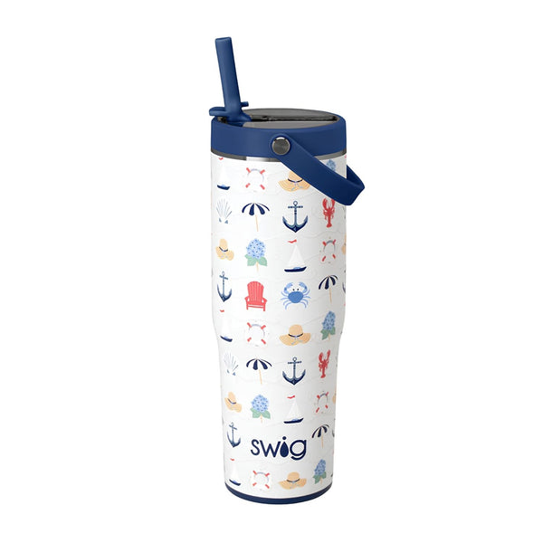 Shoreline Leakproof Travel Tumbler 30 Oz Insulated Stainless Steel With Flip + Sip Lid Flex Handle And Coastal Print