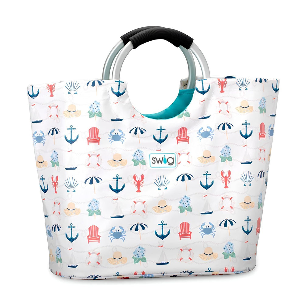 Shoreline Loopi Tote Bag Waterproof Beach Tote With Coastal Nautical Print And Aluminum Loop Handles