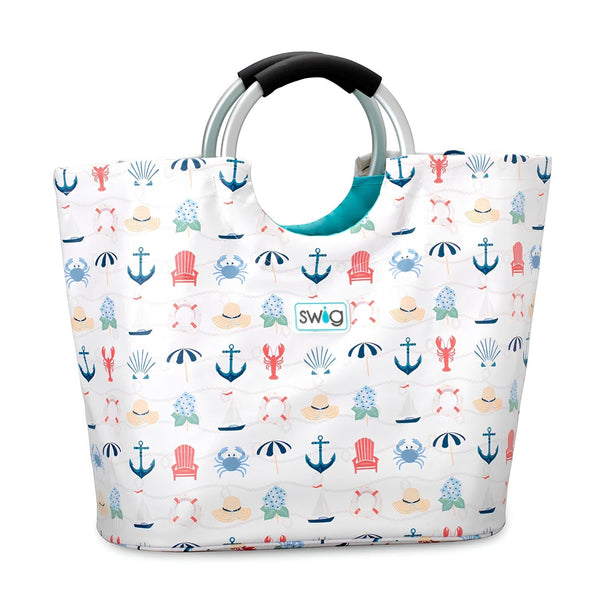Shoreline Loopi Tote Bag Waterproof Beach Tote With Coastal Nautical Print And Aluminum Loop Handles
