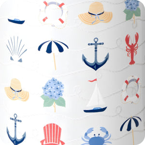 Close-Up Of Shoreline Mega Mug Coastal Nautical Print Featuring Anchors, Sailboats, Hydrangeas, Lobsters, Lifebuoys, Beach Umbrellas, Adirondack Chairs, Seashells, And Rope Pattern On Glitter White Background