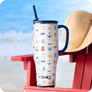Shoreline Mega Mug 40 Oz Insulated Stainless Steel Tumbler With Leakproof Flip + Sip Lid, Coastal Nautical Drinkware Featuring Anchors, Sailboats, Hydrangeas, Lobsters, Beach Umbrellas, And Rope Design On Beach Chair