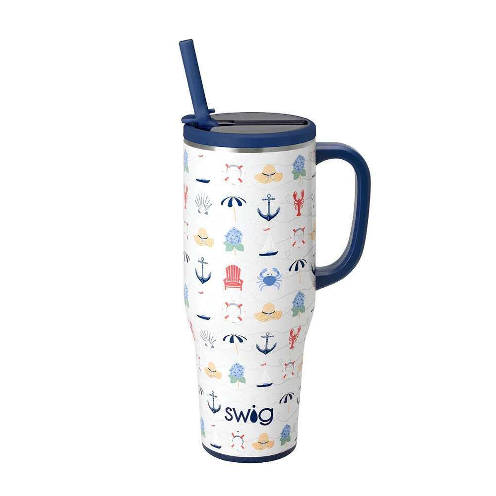 Shoreline Mega Mug 40 Oz Insulated Stainless Steel Travel Tumbler With Leakproof Flip + Sip Lid, Reusable Straw, Coastal Nautical Print, Front View On White Background