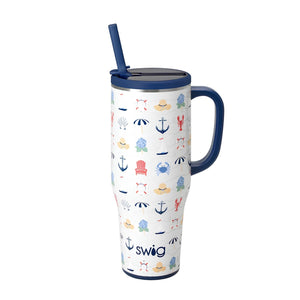 Shoreline Mega Mug 40 Oz Insulated Stainless Steel Travel Tumbler With Leakproof Flip + Sip Lid, Reusable Straw, Coastal Nautical Print, Front View On White Background