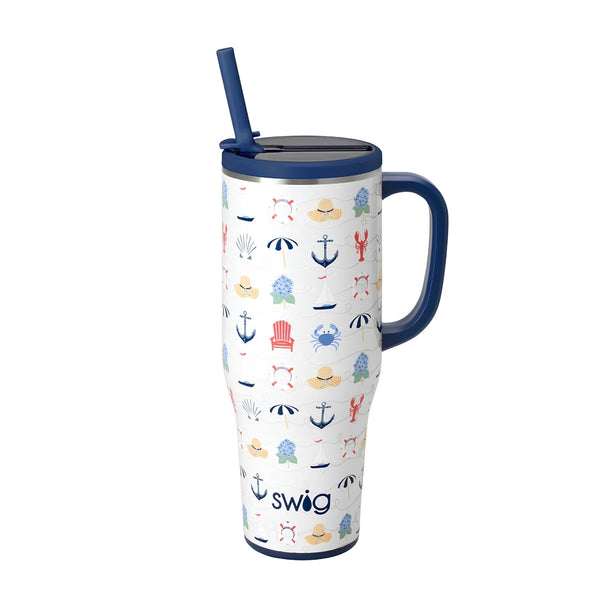 Shoreline Mega Mug 40 Oz Insulated Stainless Steel Travel Tumbler With Leakproof Flip + Sip Lid, Reusable Straw, Coastal Nautical Print, Front View On White Background