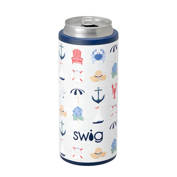 Shoreline Skinny Can Cooler 12 Oz Insulated Stainless Steel Drinkware With Coastal Nautical Print For Slim Cans