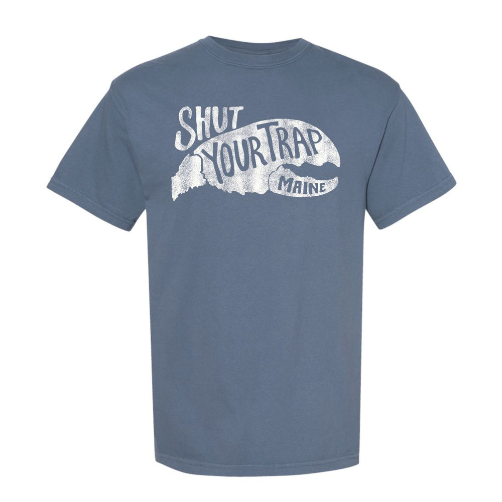 Shut Your Trap Maine Tee in Blue Jean Color, Maine Shirts, Maine Coastal Gifts