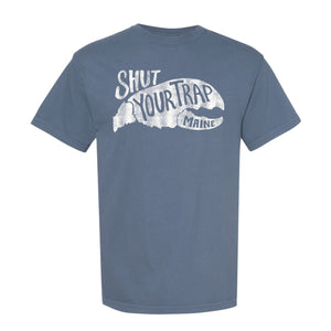 Shut Your Trap Maine Tee in Blue Jean Color, Maine Shirts, Maine Coastal Gifts