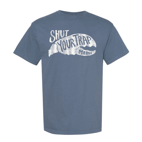Shut Your Trap Maine Tee in Blue Jean Color, Maine Shirts, Maine Coastal Gifts