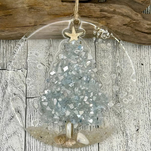 Coastal Christmas Tree Ornament With Silver Crushed Glass, Seashells, Starfish, Beach Scene, And Clear Acrylic