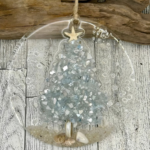 Coastal Christmas Tree Ornament With Silver Crushed Glass, Seashells, Starfish, Beach Scene, And Clear Acrylic
