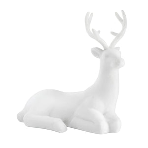 Sitting White Flocked Reindeer Figurine With Tall Antlers, 10.75-Inch Winter Decor, Coastal Christmas Decor