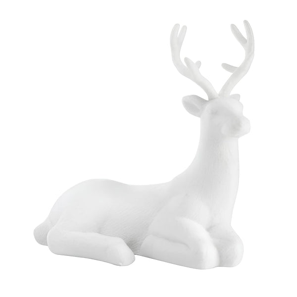 Sitting White Flocked Reindeer Figurine With Tall Antlers, 10.75-Inch Winter Decor, Coastal Christmas Decor