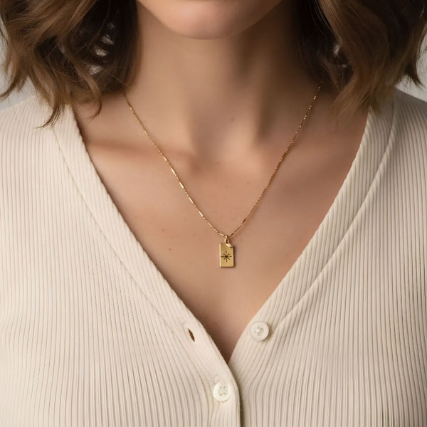 Gold Star Charm Necklace Worn On Woman, Dainty Gold Jewelry, Inspirational Necklace And Gift For Mom
