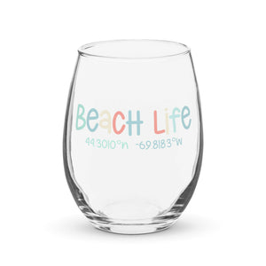Beach Life Personalized Stemless Wine Glass, Latitude & Longitude Coordinates