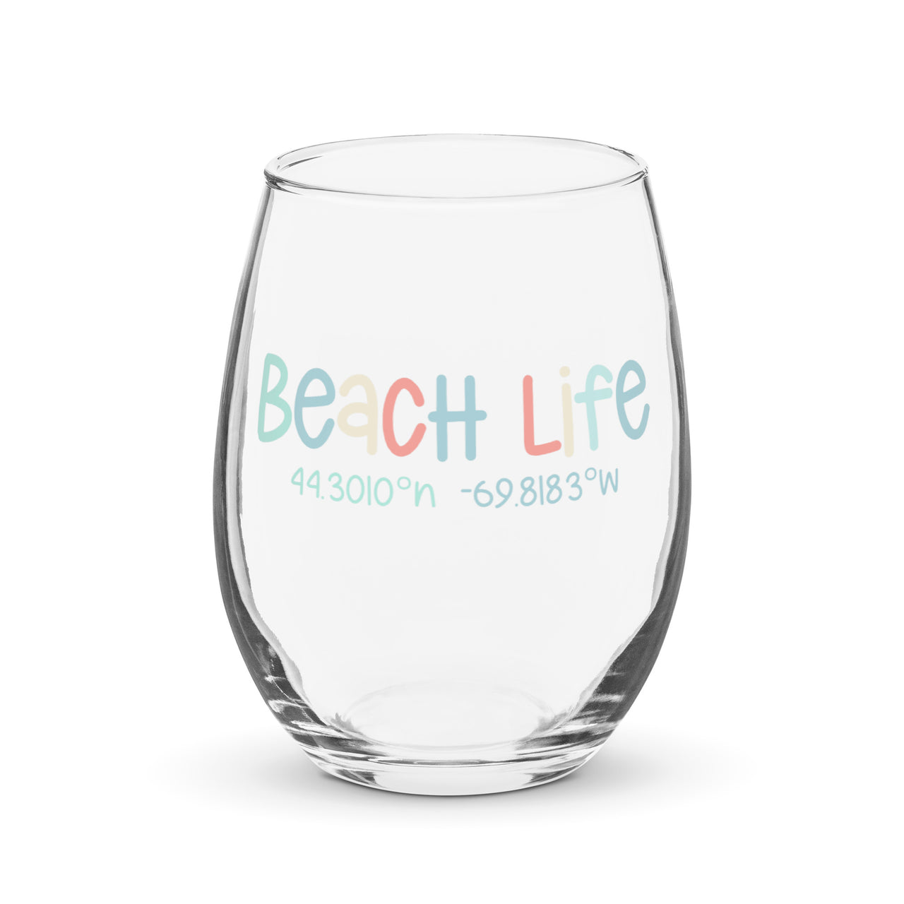 Beach Life Personalized Stemless Wine Glass, Latitude & Longitude Coordinates