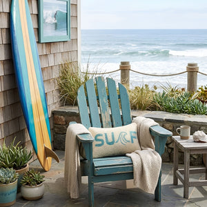Surf Coastal Hook Pillow on a Blue Adirondack Chair Beside a Beach House, Coastal Decor