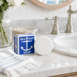 Swedish Dream Sea Salt Mineral Soap Bar With Blue Anchor Packaging On A Marble Bathroom Counter, Coastal Bathroom Decor, Sea Salt Bath And Body Gift, USA-Made Soap