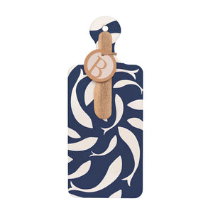 Swirling Fish Cheese Board and Spreader Set with Navy Fish Pattern Ceramic Serving Board and Wooden Cheese Knife for Coastal Entertaining