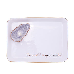 The World Is Your Oyster Desk Tray, White Ceramic Oyster Trinket Tray and Catchall Dish with Metallic Border