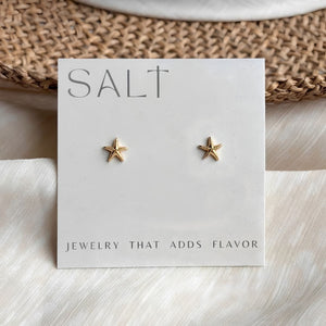 Tiny Gold Starfish Stud Earrings On Linen With Coastal Jewelry Styling, Nautical Earrings, Beach Jewelry