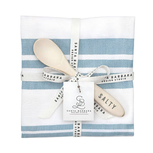 Sky Blue Striped Kitchen Towel And Wooden SALTY Spreader, Cotton Tea Towel Set, Kitchen Accessories, Coastal Home Decor