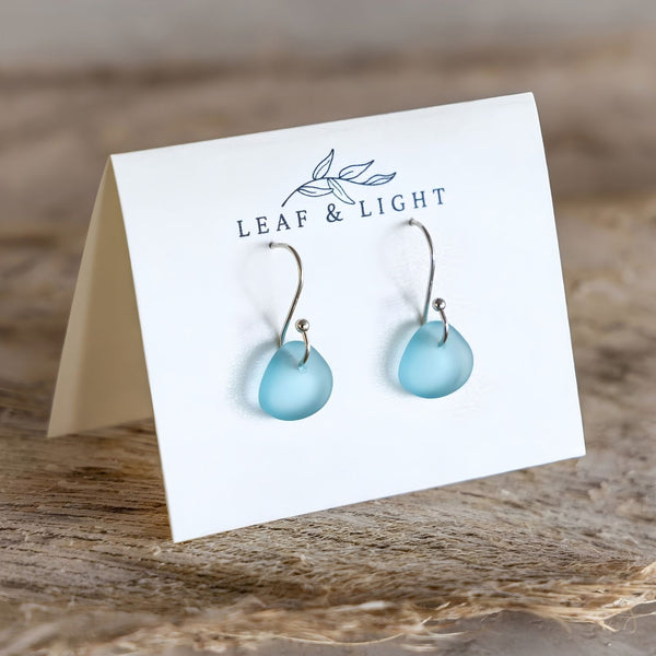 Turquoise Recycled Glass Earrings With Rounded Organic Drop Shape, Beach Style Earrings