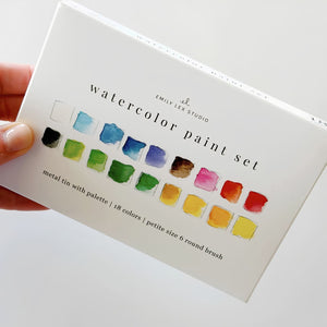 Open Watercolor Paint Set with 18 Colors, Mixing Trays, Brush, and Color Swatching Card, Painting Supplies